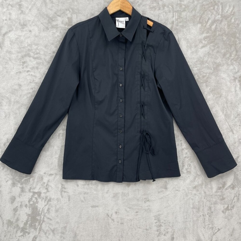 Finley Naomi Black Silky Cotton Poplin Lace Up Button Front Shirt Top